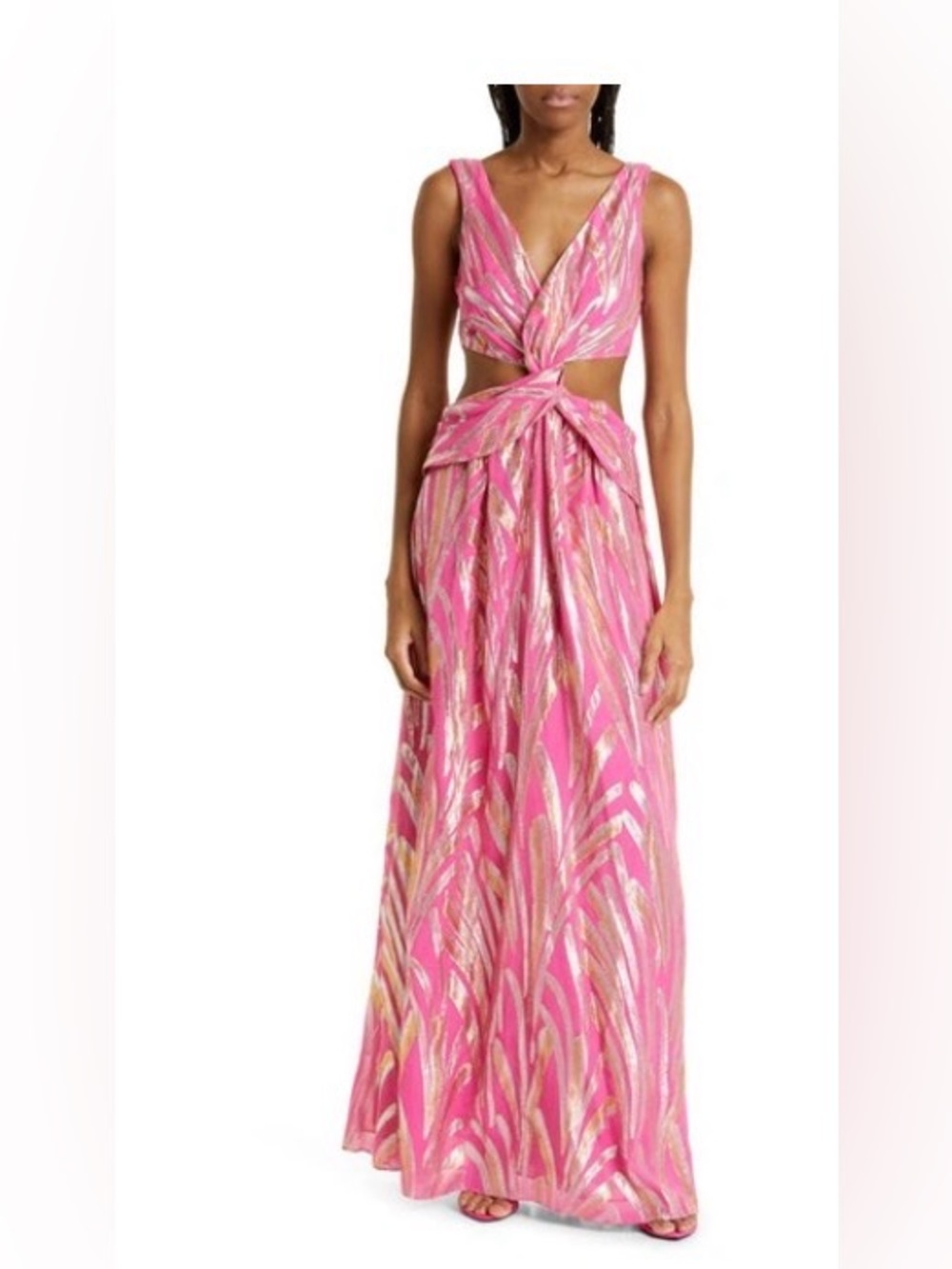 Ramy Brook Irene Twist-front Cutout Jacquard Gown In Hot Pink Silk Maxi Dress